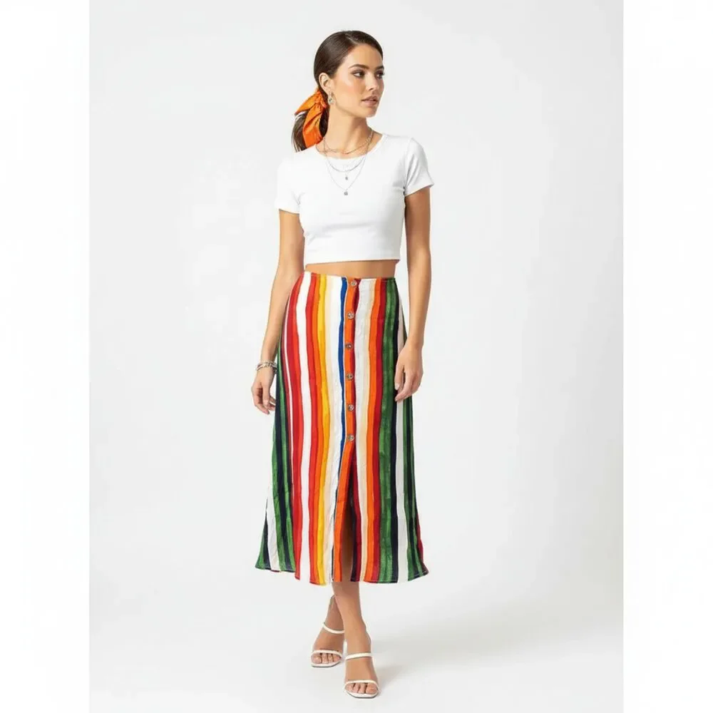 Olivaceous Striped Button Up A Line Midi Skirt M